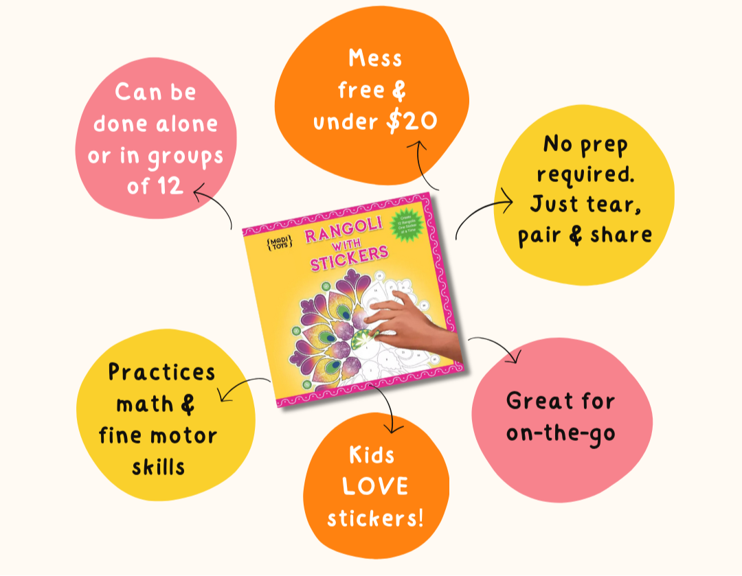 Promotional graphic for a Rangoli with Stickers Activity Book highlighting its benefits.