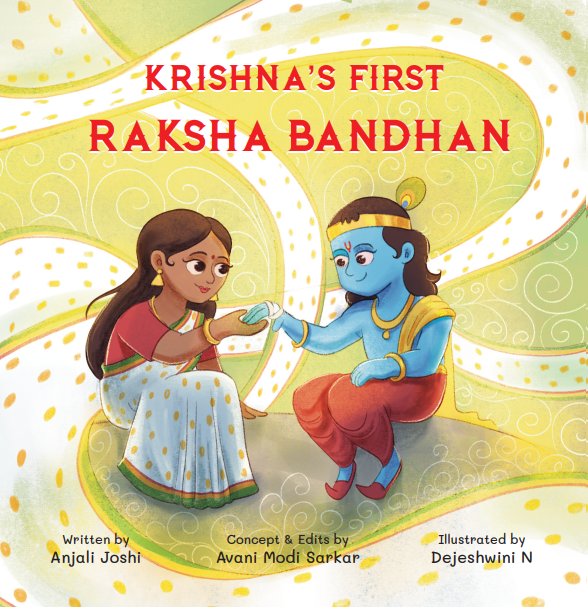 Book cover of 'Krishna's First Raksha Bandhan' with illustrations of a girl and a blue-skinned Krishna on a yellow and green background.